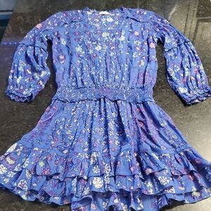 Poupette St. Barth Blue Floral Dress With Ruffled Skirt